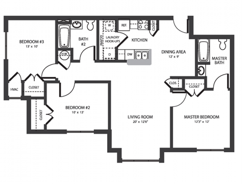 Three Bedroom Floor Plan at Wharfside Commons Affordable Apartments in Middletown CT